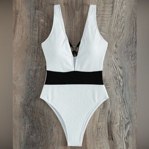 White Deep Plunge Neck One-Piece Swimsuit with Heart Ring Clasp